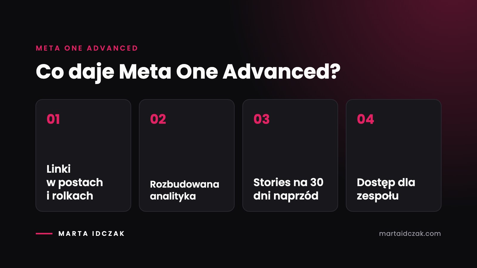 Meta One Advanced – funkcje: linki w postach i rolkach, rozbudowana analityka, planowanie Stories na 30 dni naprzód, dostęp dla zespołu